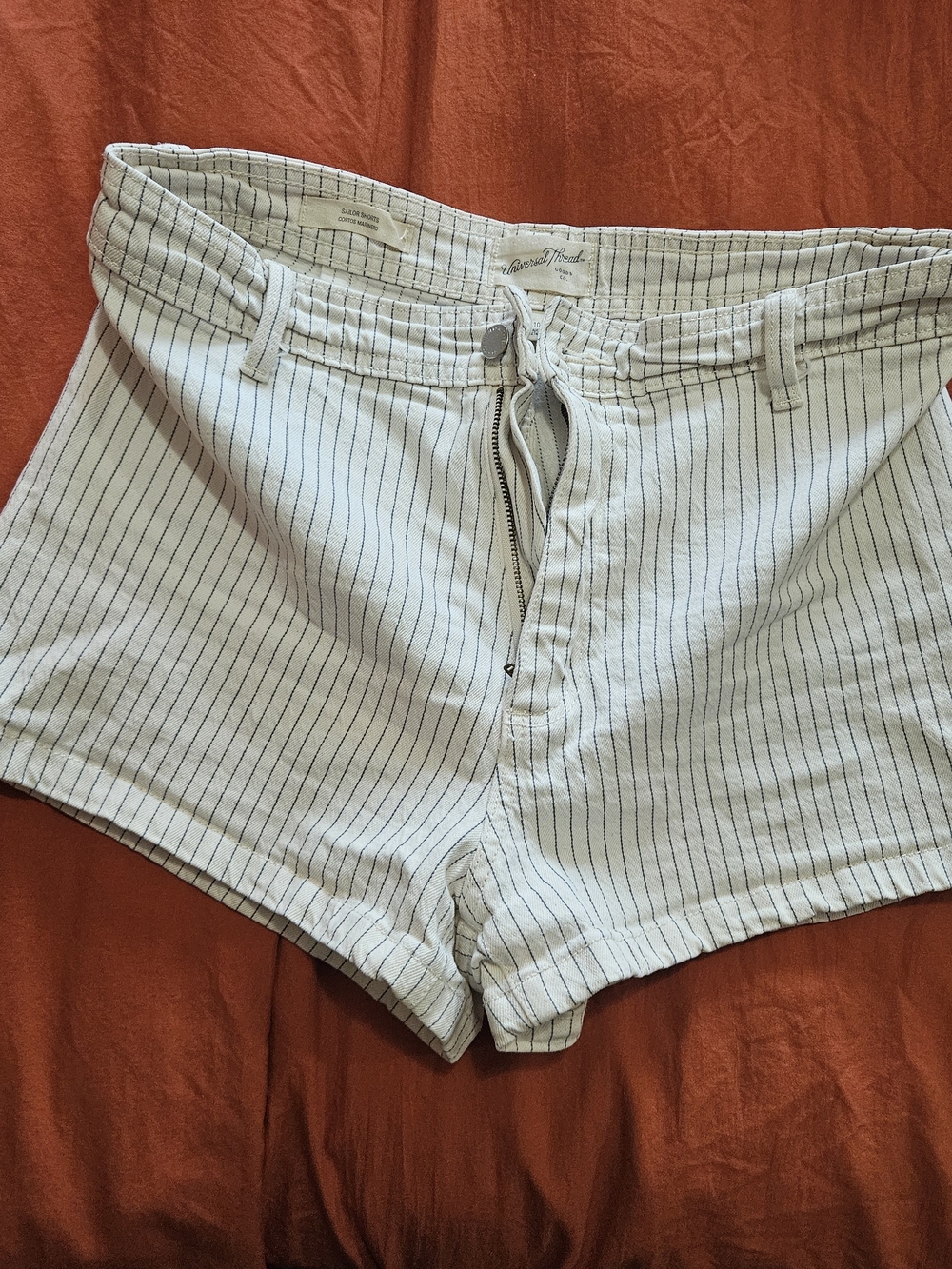Universal Thread White High-Waist Pinstripe Shorts with Navy Stripes